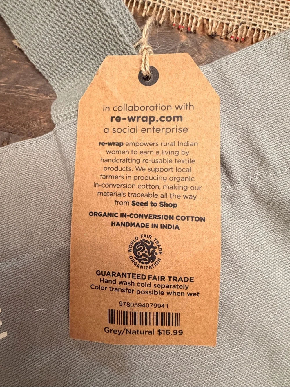 Barnes & Noble Lot of 2 100% Organic Grey Canvas Tote Natural Colors Tote NWT